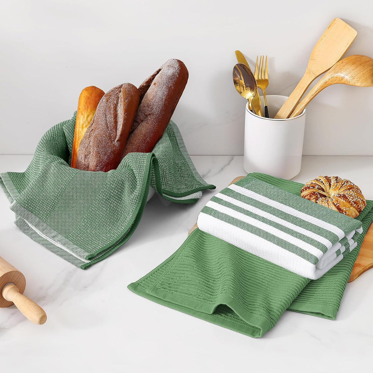 Homaxy Premium Kitchen Towels(18”x 28”, 12 Pack), Large Cotton 380 GSM Kitchen Hand Towels, Soft and Absorbent Terry Dish Towels, Multipurpose Tea Towel Set with Hanging Loop, Grass Green