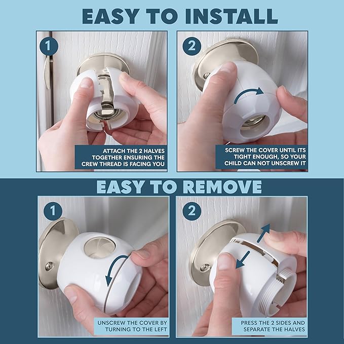 Baby Proofing Door Knob Covers 4 Pack - Easy to Install Child Safety Locks for Doors, Durable & Reusable Child Proof Door Lock, Dual-Lock & Versatile Design, Fits Round Doorknobs, White