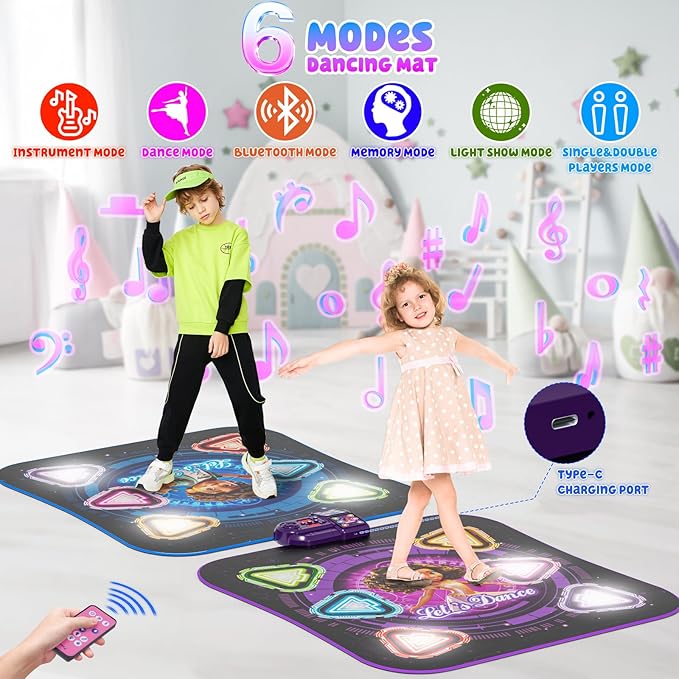 Dance Mat, 2025 Rechargeable Light-Up 2-Player Opposing Dance Pad with Bluetooth, 12-Button Music Dancing Toy, Christmas Birthday Gift for 3-12 Year Old Boys Girls