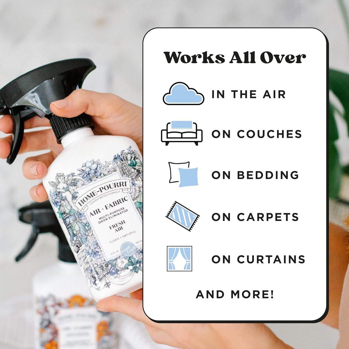 Home-Pourri Air + Fabric Multi-Purpose Odor Freshener Spray, 11 Fl Oz, Up to 570 Uses, Fresh Air Scent, Room Deodorizer with Essential Oils, for Carpets, Couches, Bedding & Curtains