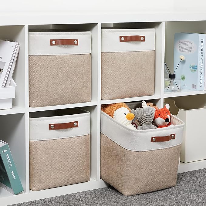 DULLEMELO Cube Storage Bins - 4 Pack Foldable Large Storage Baskets 12 inch Gifts Empty Fabric Bins for Home Office Cubes Organizer Closet, Shelves, Toy, Nursery (4 Pack - 12" White&Khaki)
