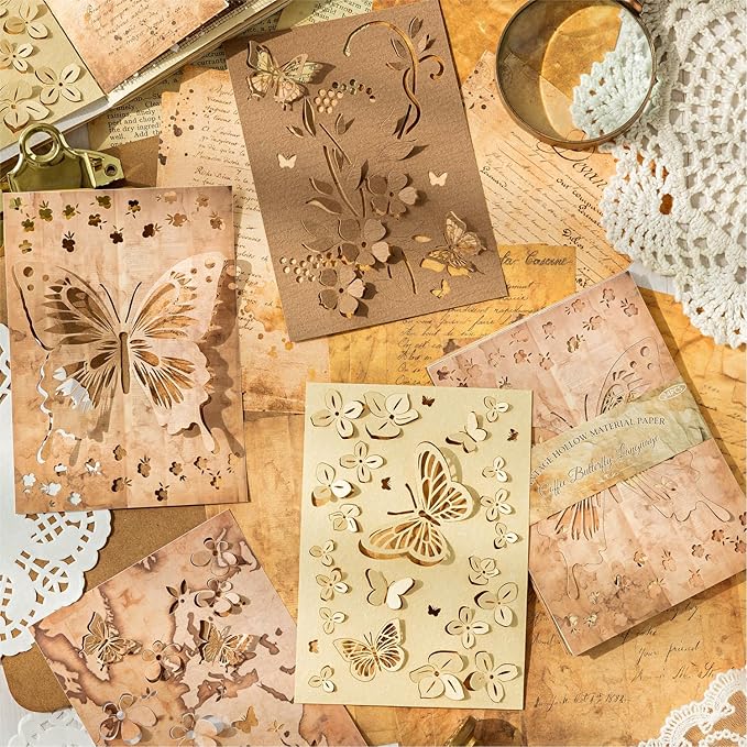 Vintage Butterfly-Themed Scrapbook Paper Set, 144 PCS Including Hollow-Out and Decorative Paper for Junk Journaling, Scrapbooking, DIY Crafts, and Art Supplies