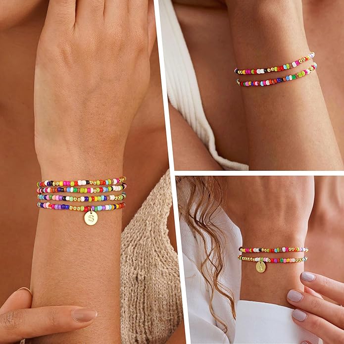 Turandoss 4PCS Colorful Beaded Initial Bracelets for Women Teen Girls - Cute Stretch Beaded Bohemian Disc Initial A-Z Stackable Bracelets Jewelry for Girls Women Teens Birthday Gifts