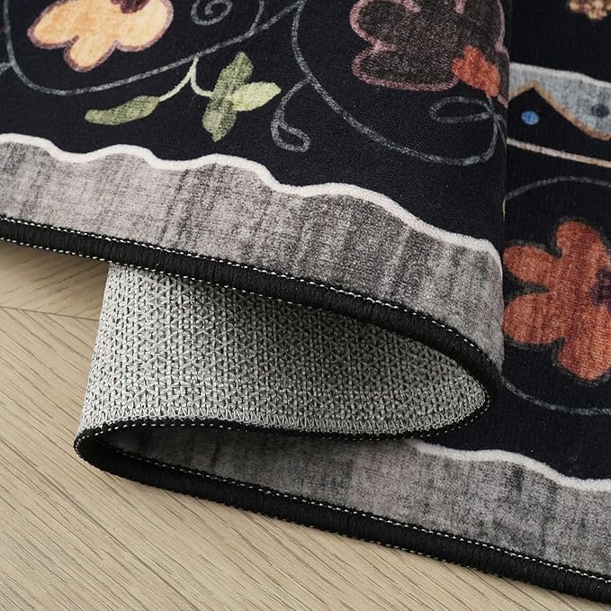 Rugcomf Living Room Rug 6x9 Rug Machine Washable Boho Area Rug Non Slip Floral Animal Cat Vintage Low Pile Large Rug for Living Room Bedroom Farmhouse Dining Room Kids Playroom, Black