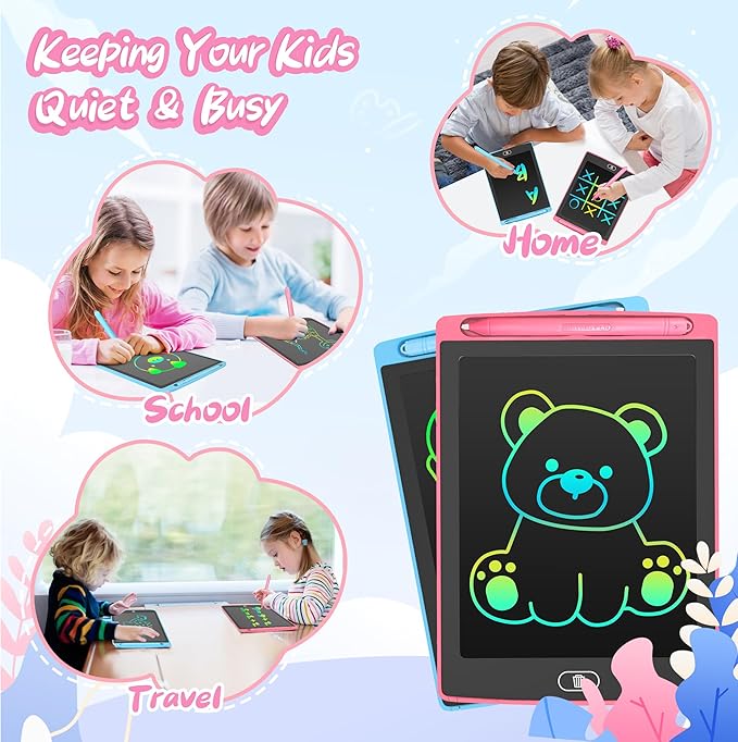 2 Pack LCD Writing Tablet for Kids, 10.5 inch Colourful Doodle Board Erasable Drawing Tablet for Kids, Educational Learning Travel Toys Birthday Christmas Gifts for 3 4 5 6 7 Girls Boys(Pink+Blue)