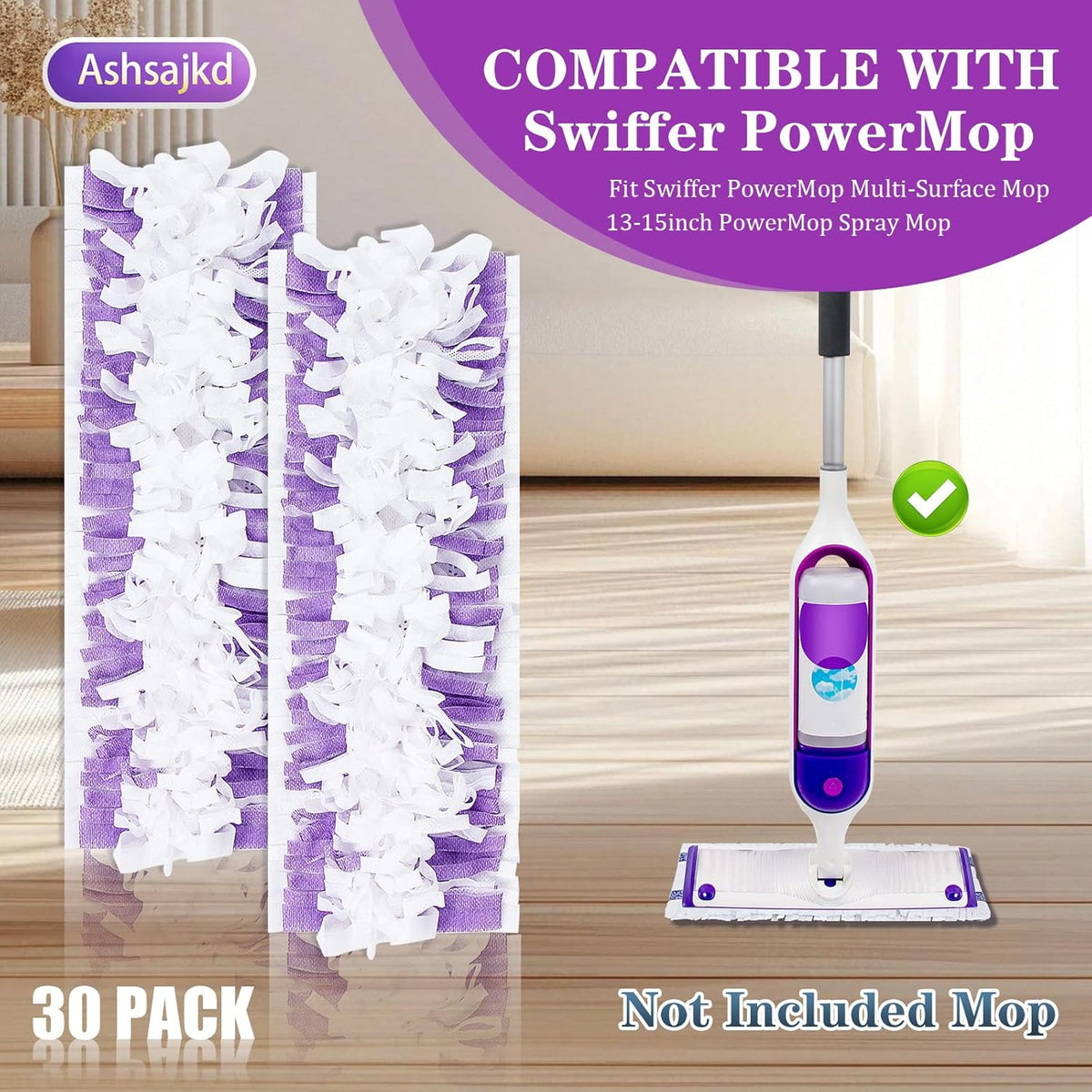 30 Pack Disposable Power Mop Refills Compatible for Swiffer Power Mop(13-15in), Multi-Surface Spray Clean PowerMop Replacement Pads for Hardwood Floor Cleaning