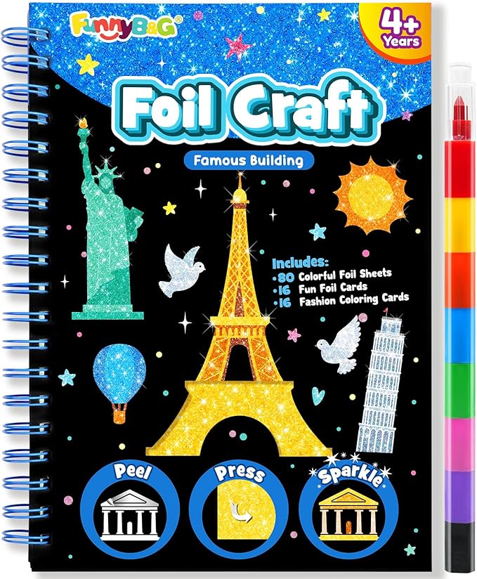 FUNNYB&G Foil Art Craft Activity for Kids - Gift for Girls Boys Crafts for Kids Fun Art Supplies DIY Creative Travel Toys, Birthday Gift Party Favor Toys for Girls 4 5 6 7 8 9 Years Old(Buildings)