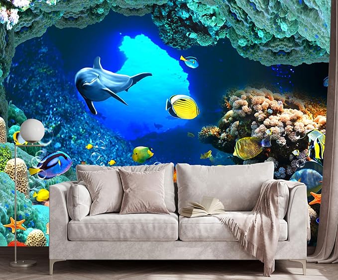 The Undersea World Wallpaper Ocean Dolphin Fish Wall Mural Large Wall Decor for Living Room Bedroom Dining Room(Not Self-Adhesive)