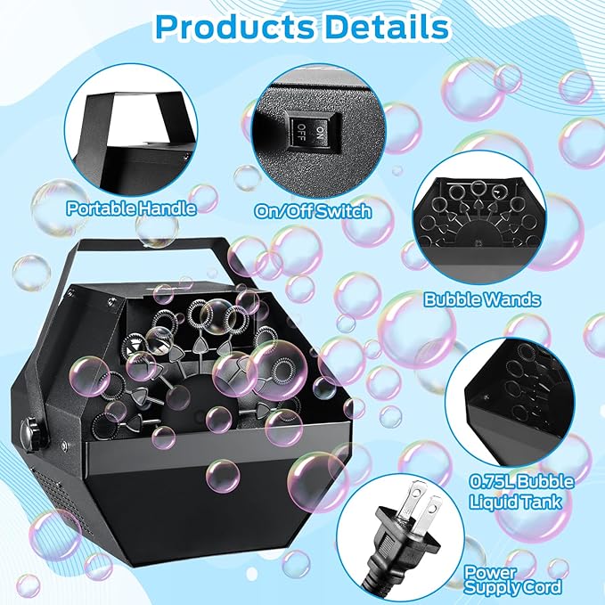 Theefun Bubble Machine: 750ML Metal Automatic Bubble Maker for Toddlers and Kids, Portable Professional Bubble Blower Operated by Plug-in Bubble Toys for Parties Weddings Indoor and Outdoor Use
