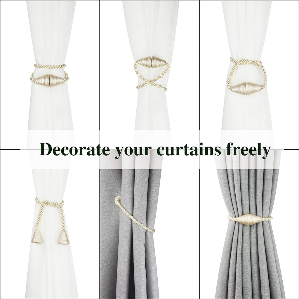 6 Pack Magnetic Curtain Tiebacks Rope Modern Handmade Curtain Tie Backs Decorative Drapes Weave Holdbacks for Window Décor, Beige