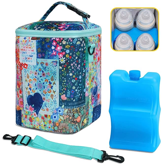 Breastmilk Cooler Bag with Ice Pack Fits 4 Baby Bottles Up to 9 Ounce Insulated Baby Bottle Bag Breast Milk Cooler on The Go with Strap Baby Bottle Cooler Bag for Nursing Mom Daycare or Travel