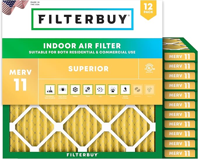 Filterbuy 22x22x1 Air Filter MERV 11 Superior Pet & Allergy Defense (12-Pack), Electrostatic Pleated HVAC AC Furnace Filters Replacement, Made in USA (Actual Size: 21.50 x 21.50 x 0.75)