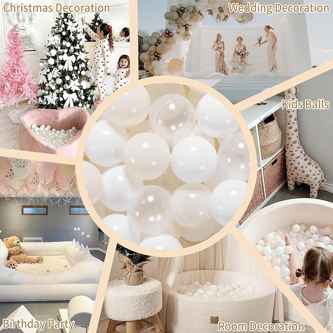 GOGOSO Balls for Ball Pit - Plastic Ball for Toddlers 1-3, Baby Kids Ball Pool Decoration 50 100 200 300 500 1000 (A White+Beige+Clear, 1000 Balls)