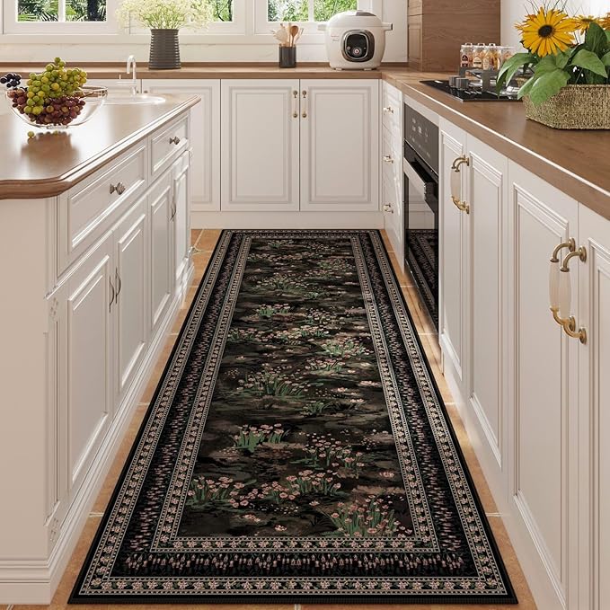 Runner Rug Impressionist-Style Vintage Kitchen Rugs Non Slip Washable Soft Carpet Runner for Kitchen Laundry Bedroom Bathroom, Black