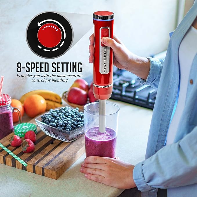 OVENTE Cordless Immersion Hand Blender, Rechargeable Handheld Portable Stick Mixer with 8 Mixing Speed Option, One-Touch Control and Stainless Steel Blades for Smoothies, Shakes or Soups, Red HR781R