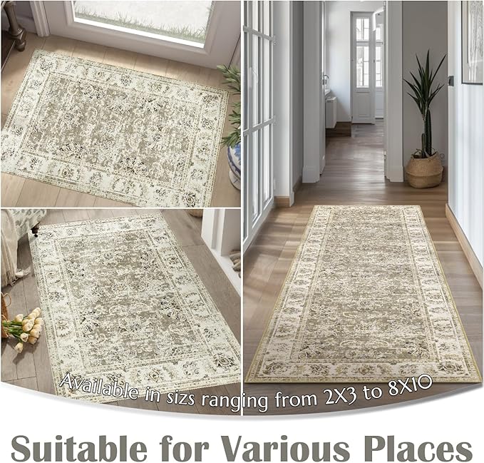 jinchan Runner Rug 2x6 Washable Hallway Runner - Vintage Floral Non Slip Low-Pile Soft Thin Kitchen Rug Distressed Carpet for Farmhouse Bedroom Entryway Laundry Room(2x6ft,Taupe)