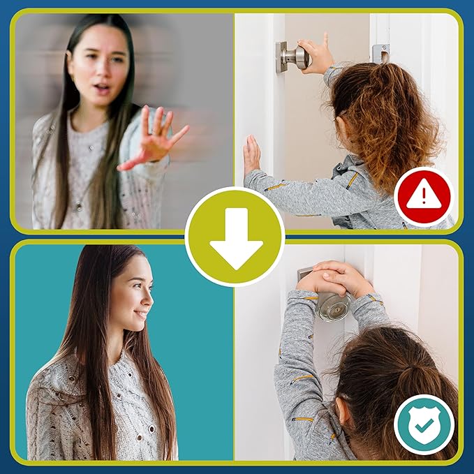 Child Safety Door Knob Cover (4 Pack) Hard-to-Remove Dual-Lock Door Handle Covers for Kids - Reusable Baby Proof Door Knob Locks - Installs Easily, No Tools Needed (Clear)