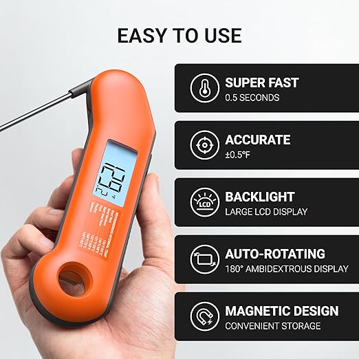 Professional Meat Thermometer Digital, Ultra-Fast 0.5 Sec Instant Read, NIST Certified ±0.5°F Accuracy, 100% Waterproof, Auto-Rotating Backlit Display, Lift-to-Wake, for BBQ/Candy, Orange&Gray