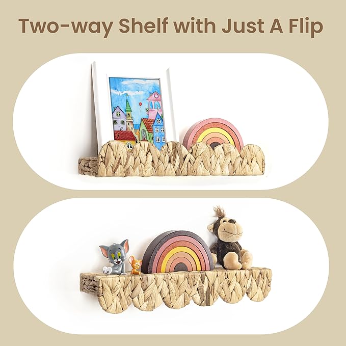 AELS Scalloped Nursery Bookshelf, Set of 2, Picture Ledge Shelf for Wall Decor, Woven Natural Water Hyacinth Floating Shelves for Books, Toys, Photo Frames, Nursery, Boho Modern Farmhouse Book Shelf