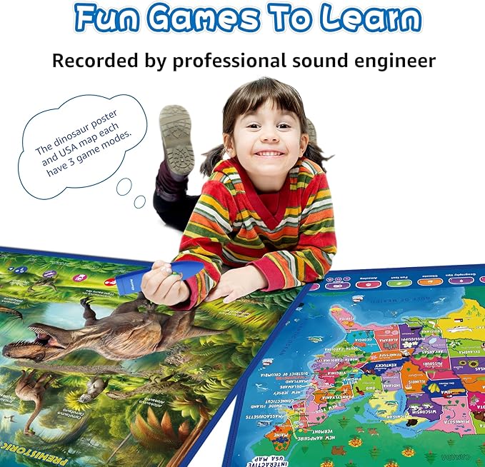 Bilingual Interactive for Kids Talking USA Map Dinosaur Poster for Kids Learning and Educational Toys,Talking Educational Dinosaur Toy for Ages 3 to 12 Years Old,Learning Chart for Preschool/Gift