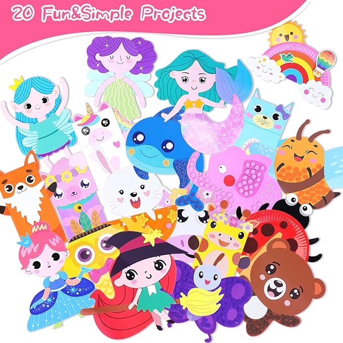 DINSUMRUG 20 Animal Arts & Crafts Kit for Kids 4-6, All-Inclusive Toddler Craft Box with Paper Plates, Puppets, Fun Activities, Tigers, Lions (134 Characters) (Princess)