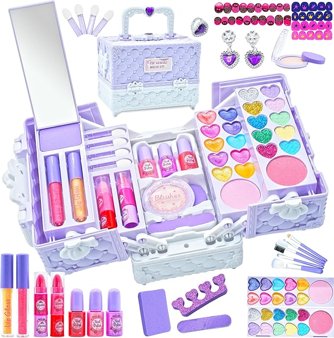 Kids Makeup Sets for Girls - 52 PCS Safe and Washable Makeup for Kids, Real Toddler Makeup Kit with Cosmetic Case, Girls Toys Age 4-12, Princess Toys Birthday Gift(Light Purple)