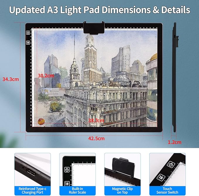 Elice Rechargeable A3 Light Pad with Carry Bag, Top Clip, Foldable Stand, 3 Colors/ 6 Levels/Stepless Dimmable Brightness Wireless tracing Light Box/Board for Diamond Painting, Cricut Weeding Vinyl
