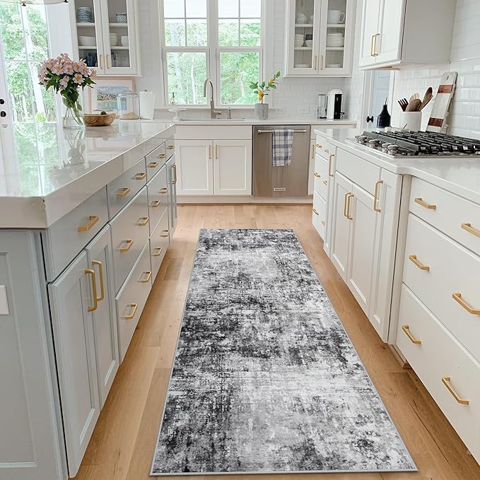 Runner Rug for Hallways Kitchen 2'6"x8' Washable, Non Slip Carpet 8ft Area Rugs Entryway Rubber Backed 8 Feet Neutral Abstract Modern Low Pile Indoor Black Grey