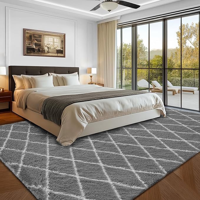 Fluffy Rug for Bedroom, Stripe Checkered Rug Anti-Skid High Pile for Living Room Bedroom Kids Room Nursery, Dorm Home Decor