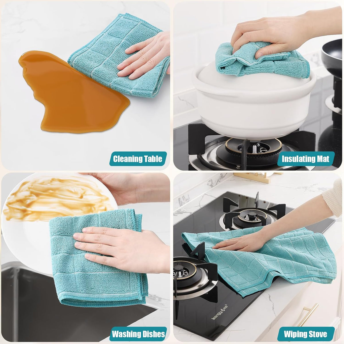 Homaxy Microfiber Kitchen Towels and Dishcloths Set, 12 Pack Soft and Absorbent Dish Hand Towels Bulk, 28 x 16 Inch & 12 x 12 Inch Quick Drying Rags for Washing Dishes, Lake Blue
