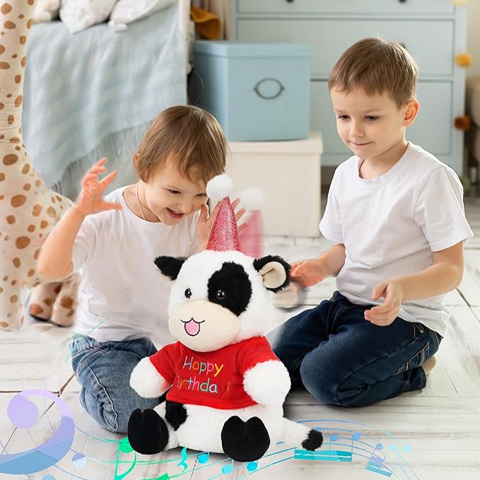 Cuteoy Happy Birthday Cow Musical Stuffed Animal Shaking Singing Dancing Plush Toy Electric Interactive Animated Plushies Gifts for Kids Girls Boys