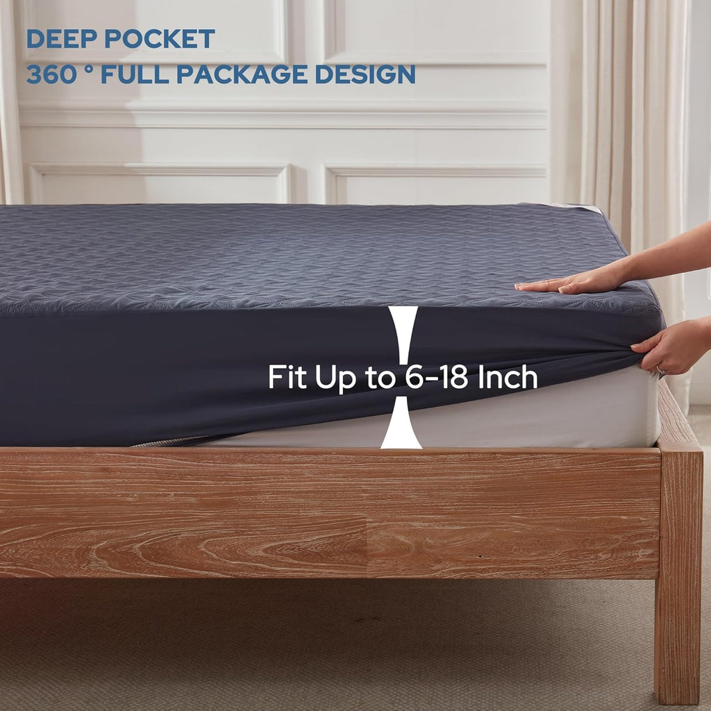 BEDLORE Waterproof Mattress Protector, Cal King Size Noiseless Mattress Pad with Deep Pocket 6"-18" Depth, Soft Breathable Bed Mattress Cover Washable for Home, Bedroom, Hotel (Navy Blue)