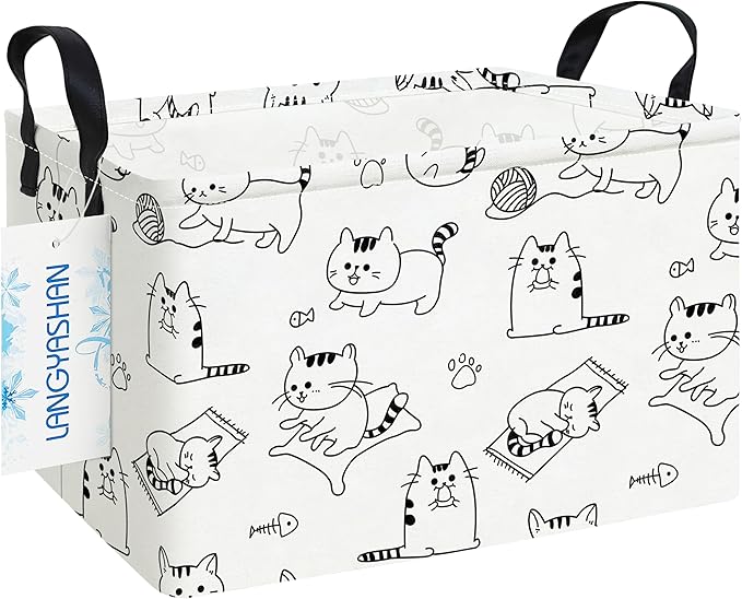 LANGYASHAN Rectangular Storage Bin Collapse Canvas Fabric Cartoon Storage Basket with Handles for Organizing Home Kitchen Boys and Girls Toys Office Closet Shelf Baskets (Rec Cat)