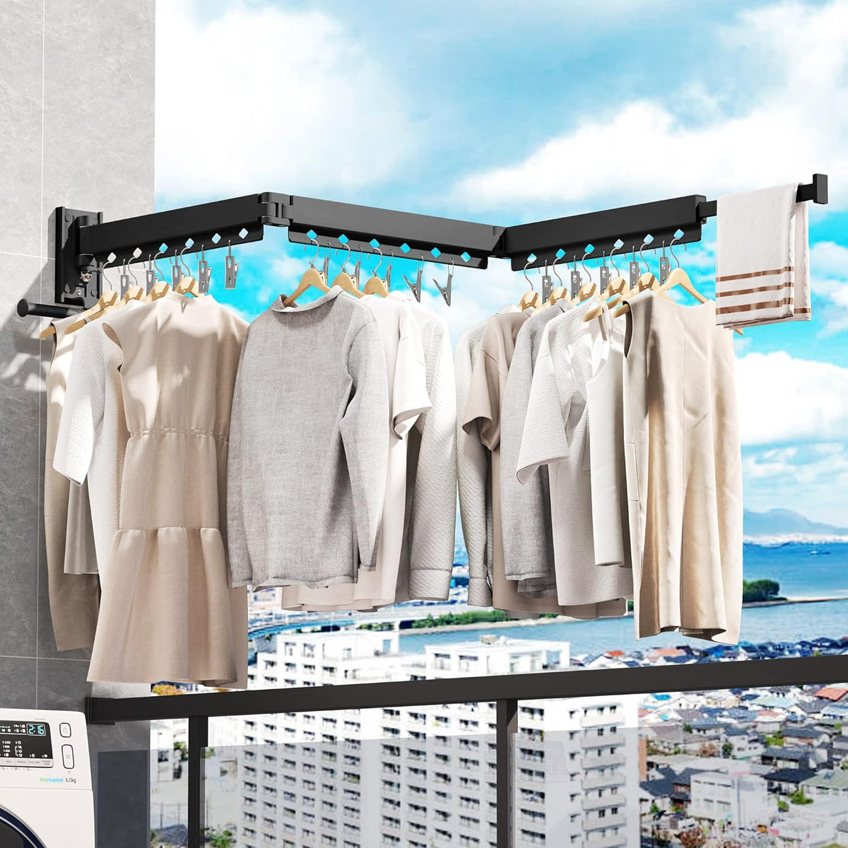 Wall Mounted Clothes Drying Rack - Retractable, Collapsible, Folding with Clips - Perfect for Laundry Room Organization