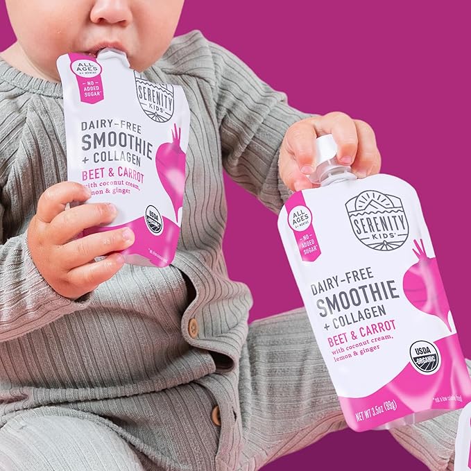 Serenity Kids 6+ Months Dairy-Free Smoothie Baby Food Pouch - USDA Organic - Grass Fed Collagen Protein - 3.5 Ounce BPA-Free Pouch - Beet & Carrot - 6 Count