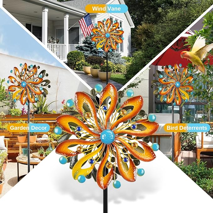 Wind Spinners for Yard and Garden - Wind Sculptures & Spinners 75 in Garden Kinetic Art with Solar Powered Multi-Color Glass Ball Light - Gradient Brown