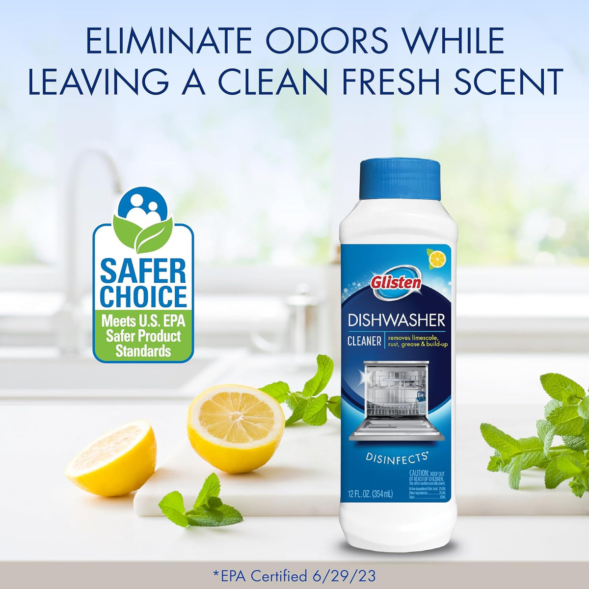 Glisten Dishwasher Cleaner, Removes Limescale, Rust, Buildup, and Grease, Lemon Scent, 12 Ounce Bottle, 6-Pack