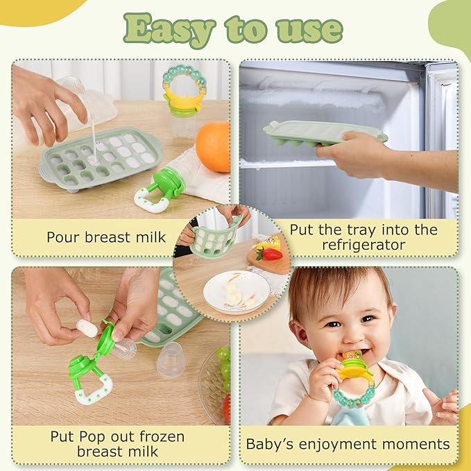 Baby Fruit Feeder & Baby Breastmilk Popsicle Molds-WAJIAYON Silicone Babies Food Freezer Tray Storage Containers, Infant Food Pacifier Feeder and Teether Infant Teething Feeders