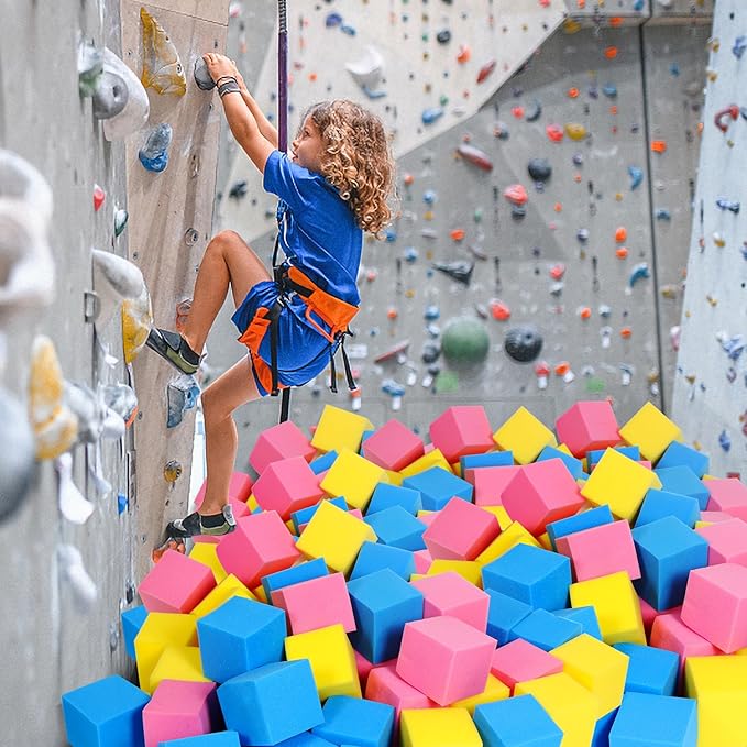 Foam Pit Cubes - 36 PCS 5 Inches Gymnastics Foam Blocks Trampoline Blocks, Multi-Sport Protective Padding for Gymnastics, Trampoline, Parkour, Skate Parks & BMX- Pink & Yellow & Dark Blue