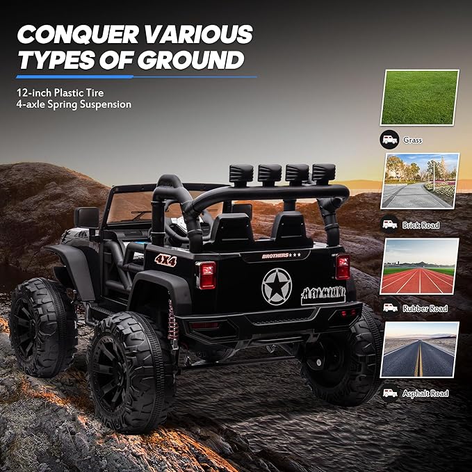 24V 9Ah Ride on Toy for Big Kids, 4x4 2 Seater Ride on Car Truck w/Remote Control, 4x200W Motors - Black Warrior