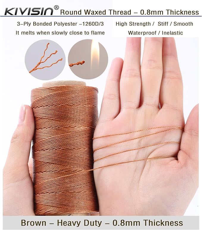 Bonded 0.8mm Round Waxed Polyester Cord, 3-ply Wax Coated Thread, 197 Yards Stiff String for Heavy Duty Fabric, Leather Sewing, Book Binding, Upholstery Repair, and Macrame Jewelry - Brown