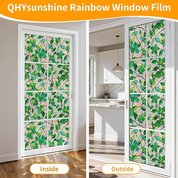 Stained Glass Window Privacy Film Decorative Rainbow Static Clings – Ideal for Home & Office, Adhesive-Free, Removable, UV-Blocking (Green Rainbow, 17.5 X 157.4 in)