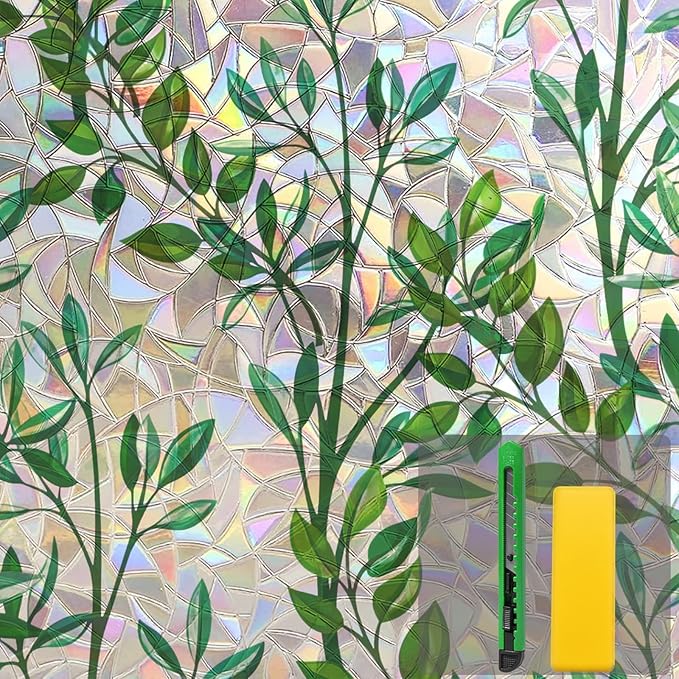 Niviy Window Privacy Film Stained Glass Window Film with Installation Tools, Rainbow Windows Decorative Decals Non-Adhesive Reusable for Home, Bathroom, Glass Door (Leaf Rainbow, 23.6 x 78.7 in)
