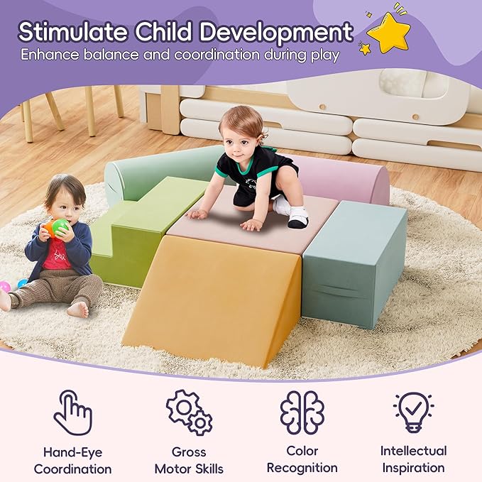 6 Piece Foam Climbing Blocks for Toddlers, Baby Climbing Gym with Ultra High Density Foam for Crawling and Sliding, Indoor Soft Play Set for Infant, Babies & Kids (Multicolor A, 6-Piece)