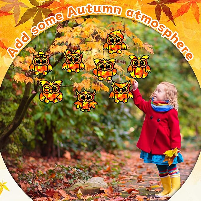 QOUBAI 32 Sets Fall Owl Suncatchers Craft Kit DIY Window Stained Glass Effect Autumn Owl Paper Crafts Home School Classroom Decoration Kid Birthday Gift Creative Art Project Activity Game
