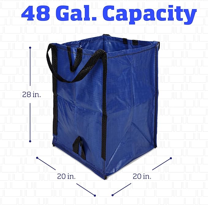 DURASACK Heavy Duty Home and Yard Bags 48-Gallon Reusable Self-Standing Lawn and Leaf Bags Garbage Can with Reinforced Handles, Blue, 3 Pack