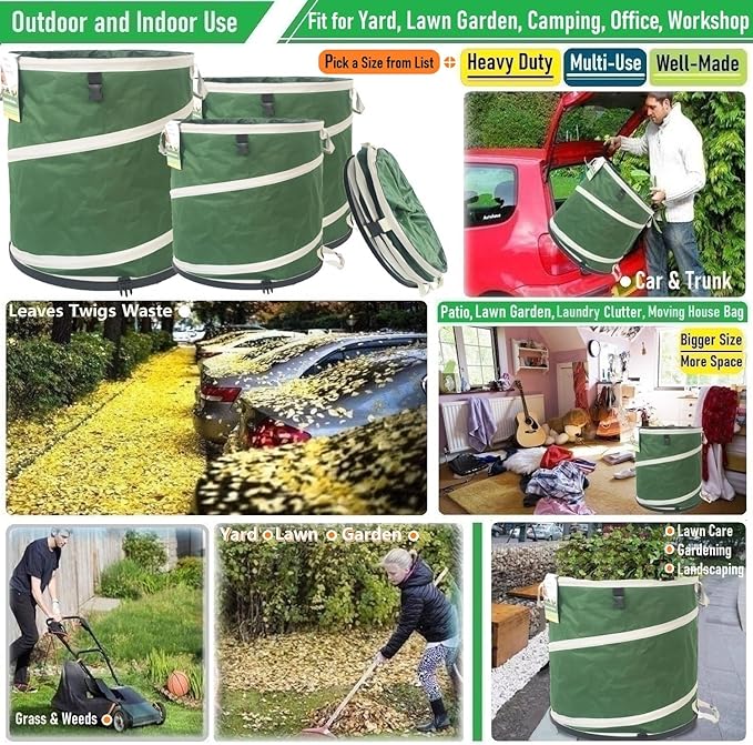24 Gallon and 32 Gallon Collapsible Trash Can Solid Bottom for Garden Debris Bag,Yard Waste Bag,Pop-Up Trash Can,Recycling Bin,RV Camping Waste Bin,Laundry Hamper,Lawn Grass,Yard Weeds Bags,Leaf Bags