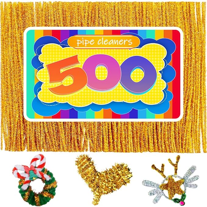 GAGANIU 500pcs Pipe Cleaners, Pipe Cleaners for Crafts, Craft Supplies Multicolor Chenille Stems for Art&Craft Christmas DIY Projects(Golden Glitter)