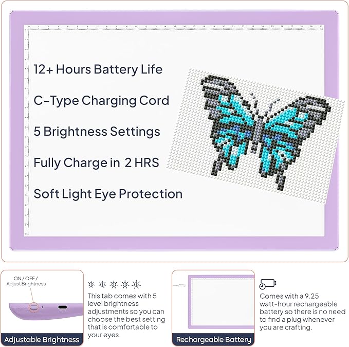 iVyne Rechargeable A4 Light Pad for Diamond Painting & Art Projects – LED Light Board with Diamond Art Accessories – Ultra-Thin & Portable Diamond Dot Light Board, Perfect for Artists - Purple