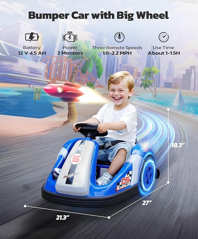 ELEMARA 12V Kids Bumper Car with Big Wheel, 2.2 Mph Max, Toddler Bumper Cars with Remote, Baby Bumping Toy Car with DIY Stickers,360 Degree-Spin, Music, Bluetooth,LED Lights, Blue